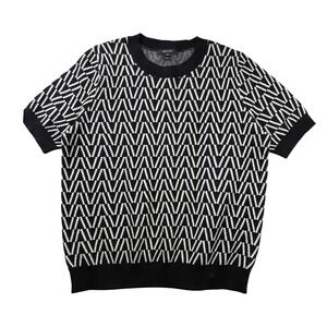 RW&CO Short Sleeve Sweater Geometric Chevron Mod Dark Academia Black White M